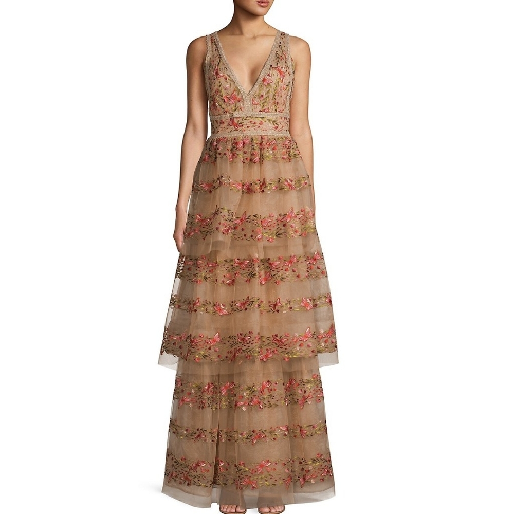MARCHESA NOTTE Anthropologie Butterfly Embroidered Gold Tiered Maxi Dress 6 NWT